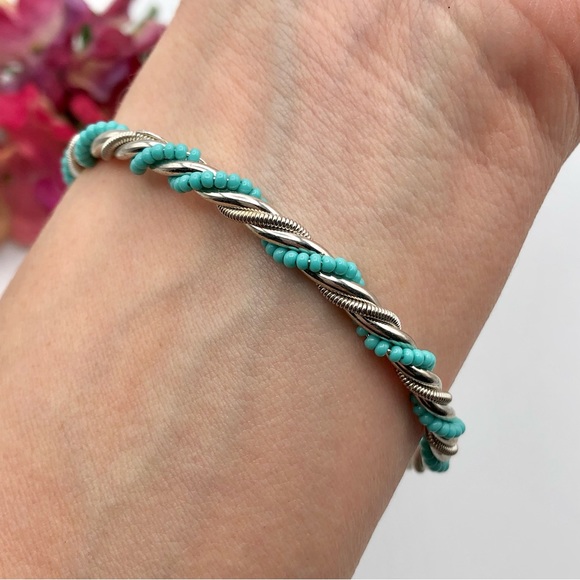 Silver Tone Twisted Blue Seed Bead Bangle Bracelet - Picture 6 of 11